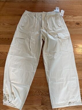 Good American Cloud White Parachute Cargo Pants with Drawstring Waist